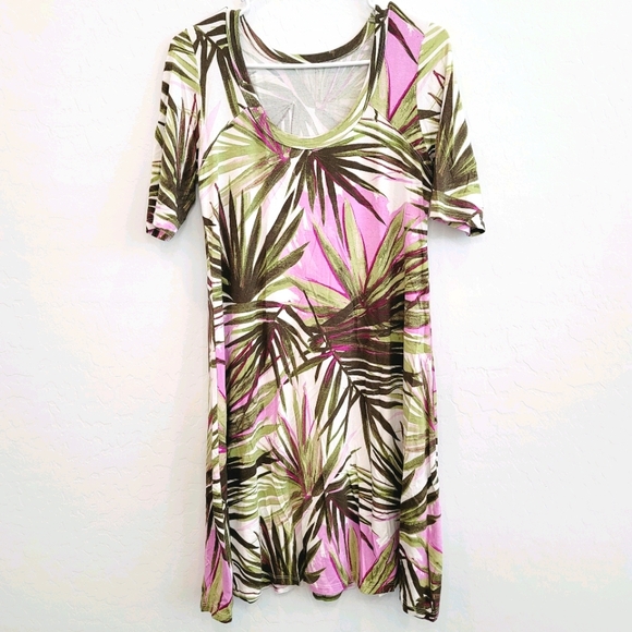 Plant Print Dress Green White and Pink - Picture 1 of 13